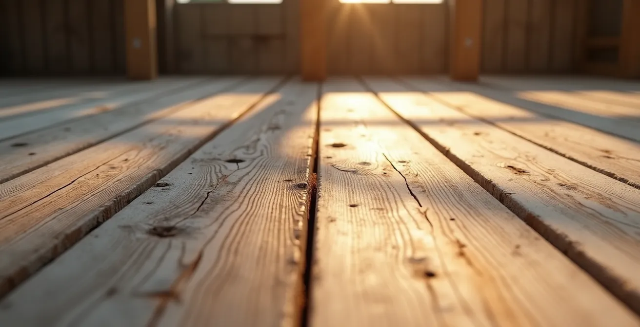 Illustration conceptuelle symbolisant le choix entre le sablage d’un vieux plancher et le remplacement complet par un nouveau sol en bois moderne