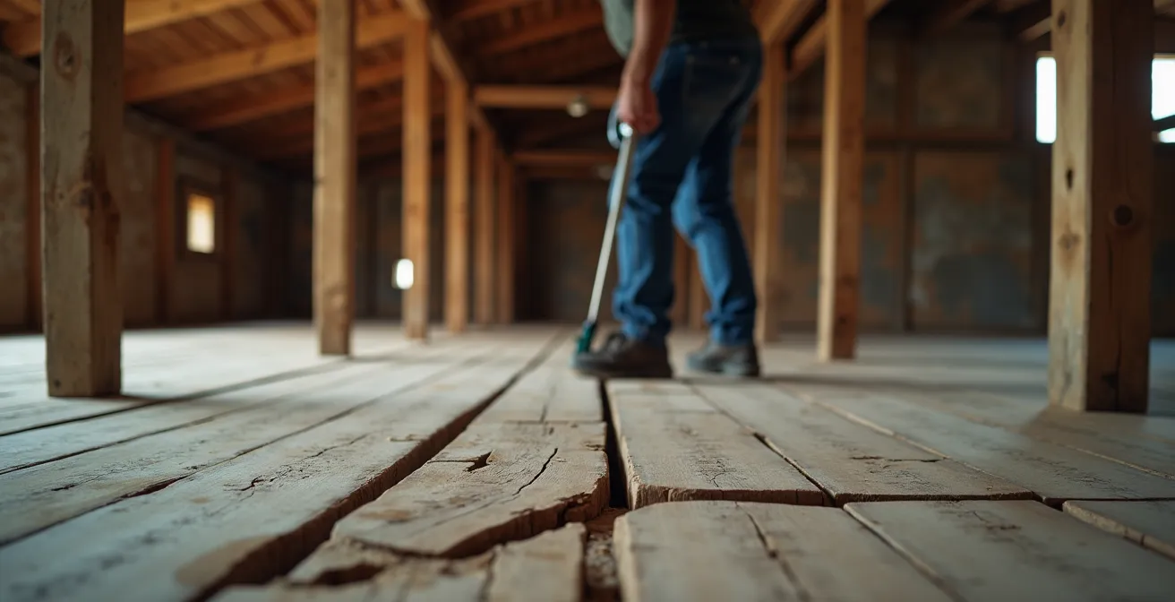 Vue d’une inspection d’un plancher en bois ancien montrant un expert examinant les solives et détectant des zones gondolées
