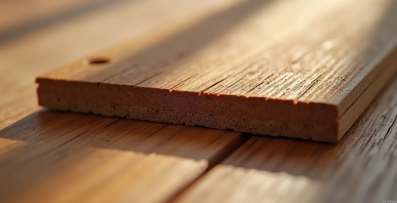 Vue détaillée d’une coupe transversale d’une planche de bois montrant l’épaisseur restante au-dessus de la languette